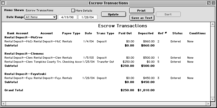 Goldenseal Accounting Software&ndash; Escrow Transactions Reports