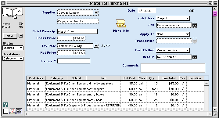 Goldenseal Accounting Software-- Material Purchase Breakdowns